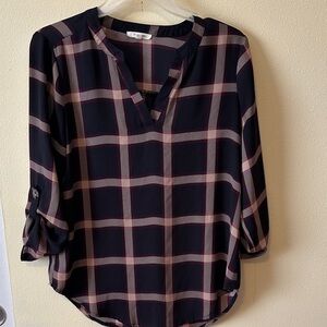 Maurices Black Plaid Notch-Neck Roll-Sleeve Blouse